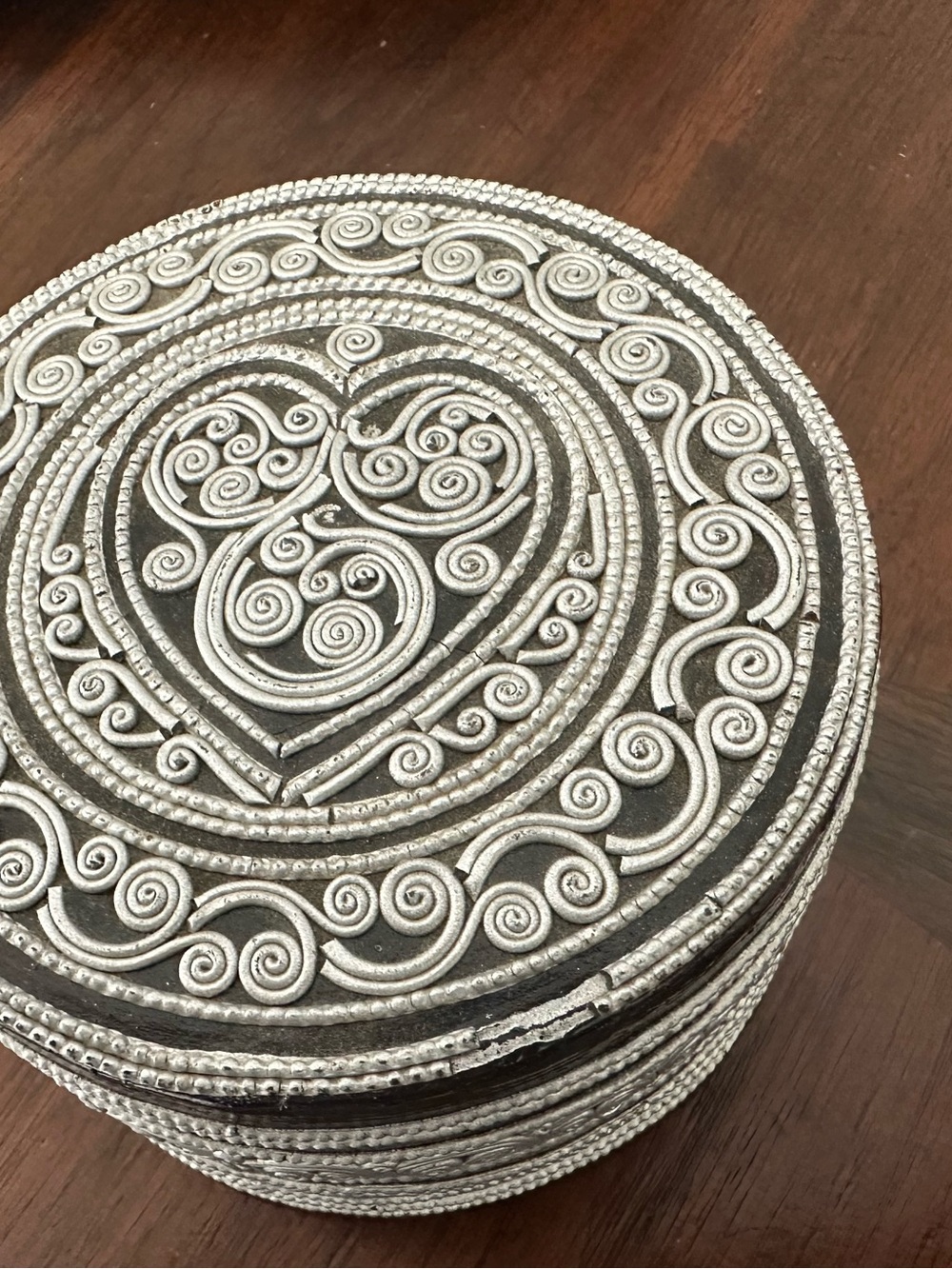 Decorative Round Trinket Box with Silver Scrollwork